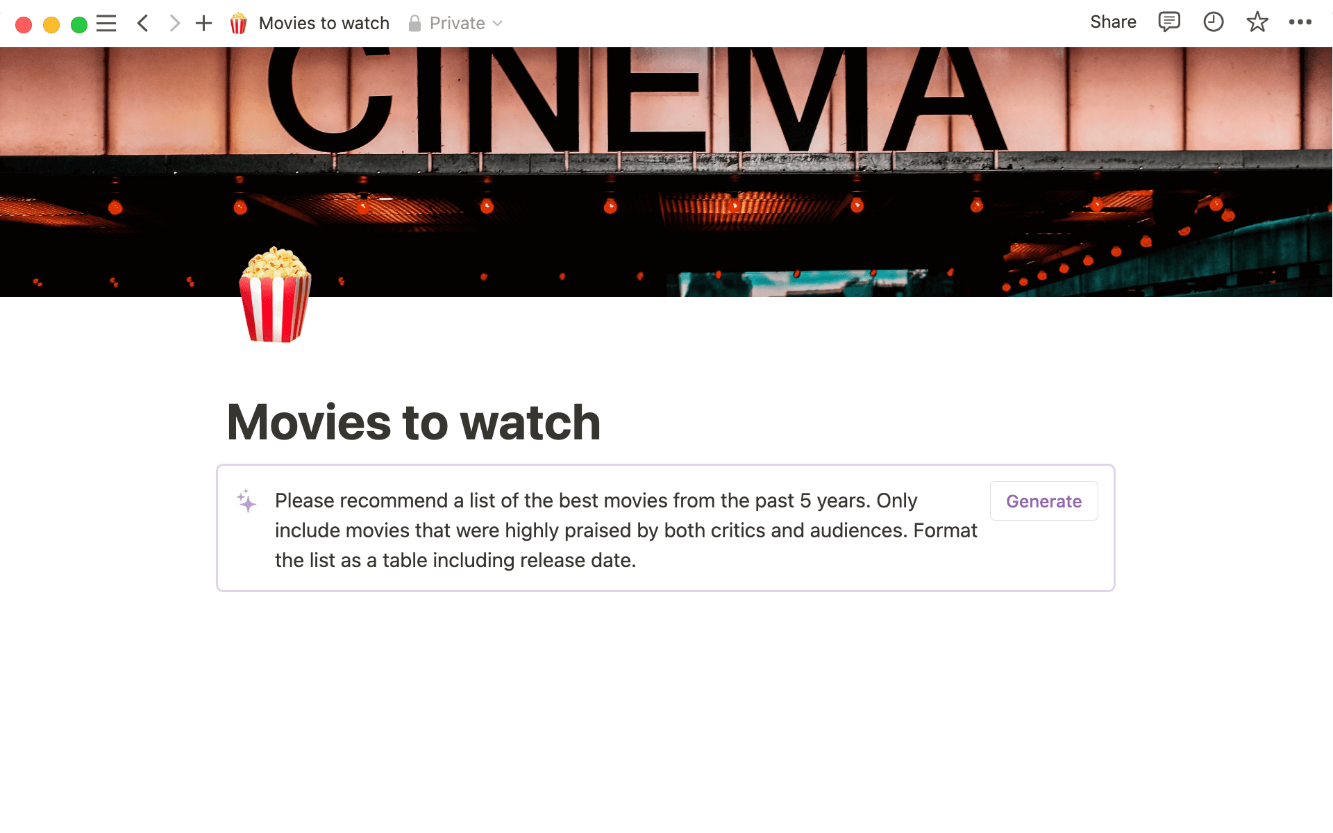 Plan your next movie night using Notion AI.