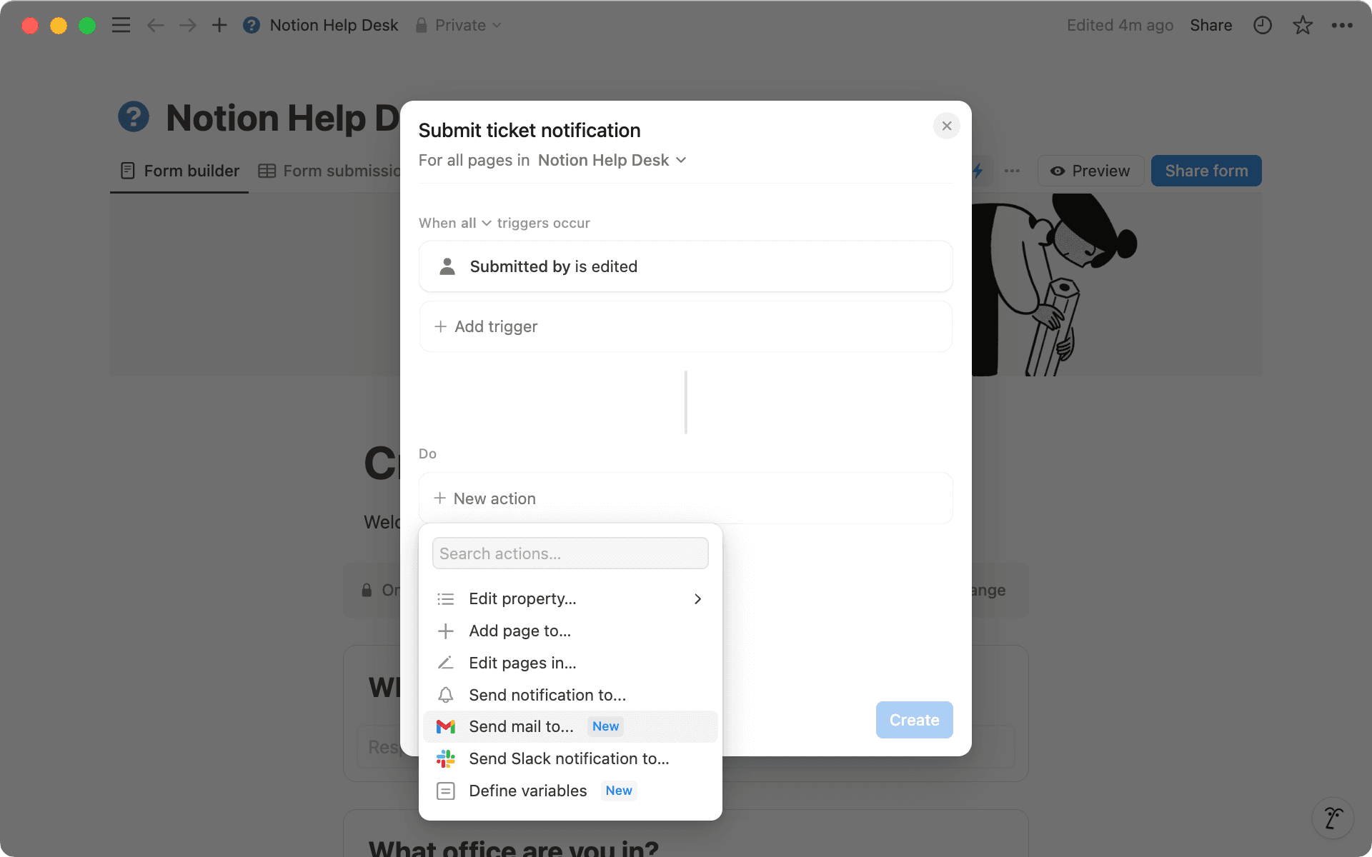 Choose between Slack or Gmail in the action section of your automation to send custom notifications.